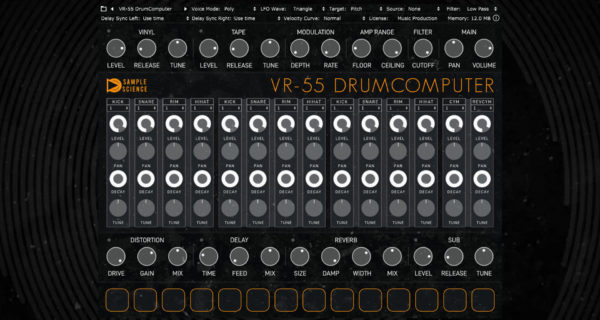 El plugin gratis SampleScience VR-55 DrumComputer (VST3, AU) emula la caja de ritmos añeja Boss DR-55