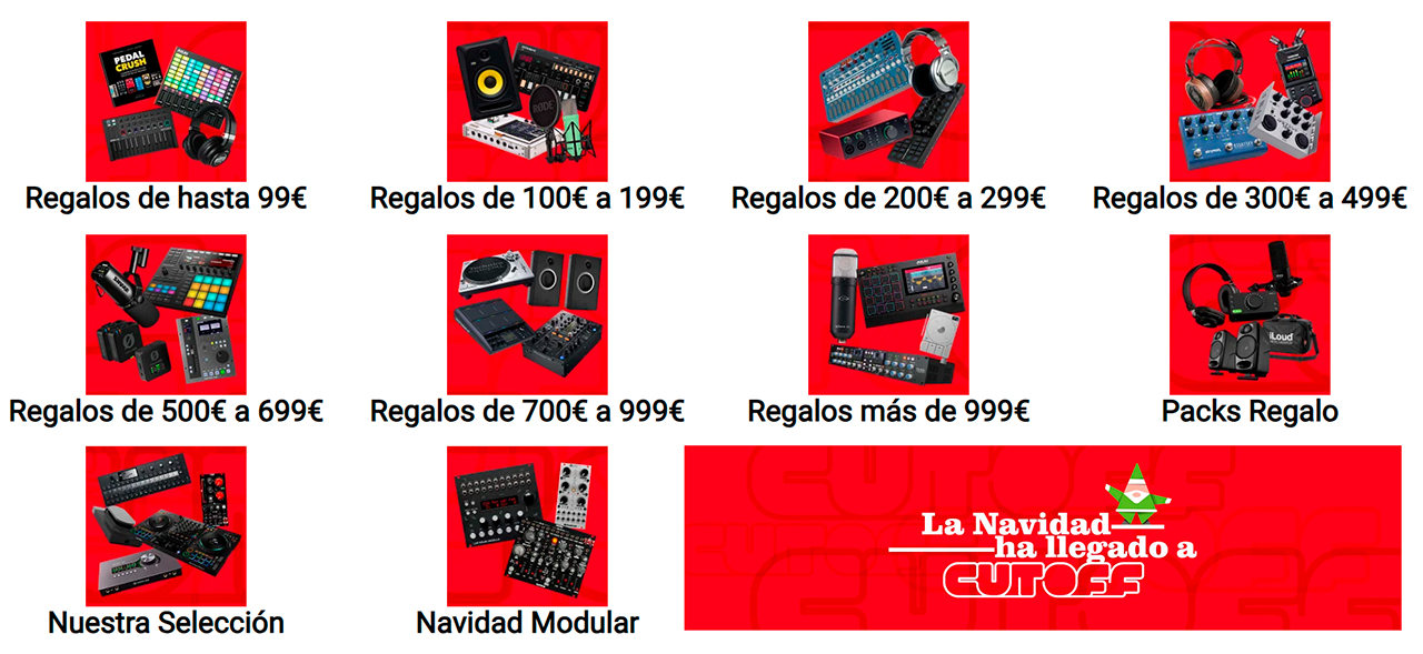 Panel de regalos navideños en CutOff Pro Audio, unificados por precios -ofrecen un regalo para cualquier presupuesto!